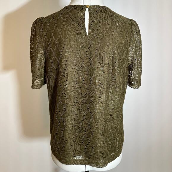 Liz Claiborne Moss Green Short Puff Sleeve Keyhole Lace Blouse Womens Size Small - Picture 4 of 8